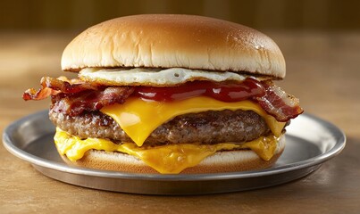 Breakfast cheeseburger combines savory ingredients for a satisfying meal on a silver plate with a...