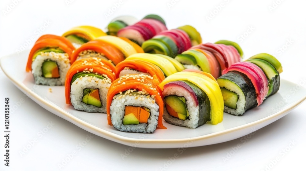 Wall mural A colorful plate of rainbow vegetable sushi rolls with cucumber, avocado, carrot