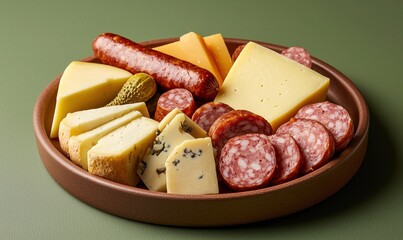 Variety of Norwegian cheeses and sausages served with bread and pickles on a brown plate