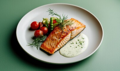 Crispy pan-seared salmon served with fresh vegetables and dill sauce on a white plate