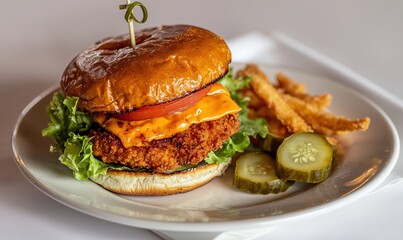 Crispy chicken cheeseburger served on a smooth plate with fresh toppings and golden fries