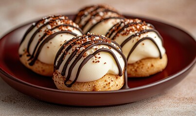 Enjoy delicious New Zealand mallowpuffs on a dark red plate with a muted cream backdrop captured in exquisite detail