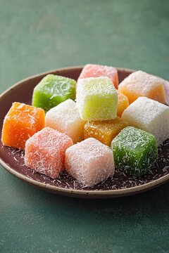Colorful Kue Cubir on a pink plate showcasing traditional Indonesian sweets made from rice flour and coconut milk