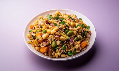 Crunchy bhel puri with vegetables and chutney served on a white plate against a soft purple background