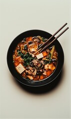 Delicious hot and sour soup featuring mushrooms, tofu, bamboo shoots, and spices served in a black bowl