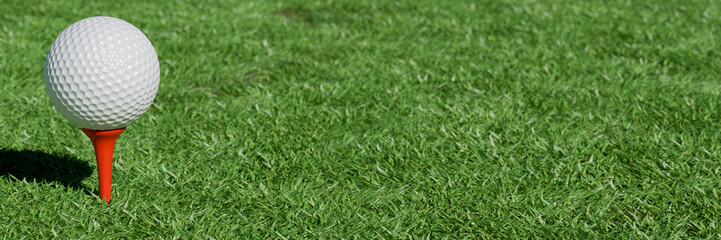 A golf ball on a tee, ready for play on a sunny day. 3d rendering