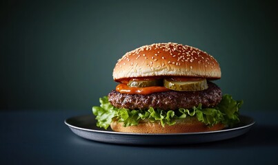 Cajun burger served with pickles and lettuce on a smooth silver plate against a dark green...