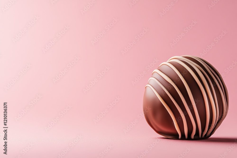 Poster a minimalist design of a single chocolate truffle with a soft shadow, placed on a plain pastel pink 