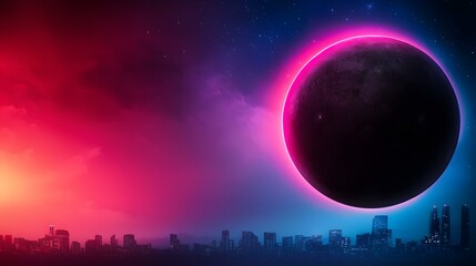 A large, dark planet with a vibrant pink glow around its edge dominates the upper half of the image, set against a backdrop of a star-studded, purple and pink sky.  Below, a dark silhouette of a city
