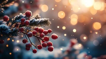 Snow covered winter berries on a branch