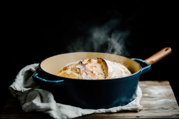 Rustic bread baking in a Dutch oven with enticing aroma and golden crust