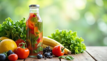 Bottle of infused water surrounded by fresh fruits and vegetables