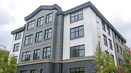 Naklejka premium Urban apartment building exterior, grey stone, cloudy day, city background, real estate