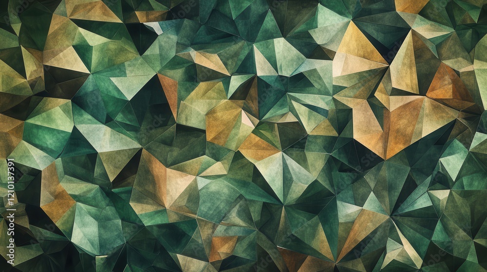 Poster low-poly abstract pattern showcasing deep forest green and earthy tones, perfect for backgrounds and