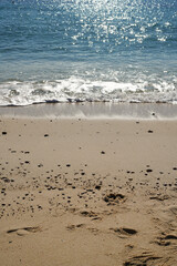 Soft blue ocean wave, sandy beach, serene coast, tranquil seaside, tropical shoreline, clean sand, peaceful waves, gentle surf, calm ocean, beach scenery.
