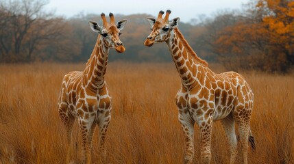 Obraz premium Two giraffes standing close to each other in a field with orange grass and trees in the background