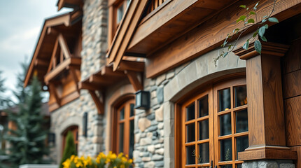 Obraz premium Mountain Home Exterior: Stone and Wood Architecture Design. Luxury Real Estate, Modern Rustic Style, Elegant Facade, Timber Frame, Residential Property
