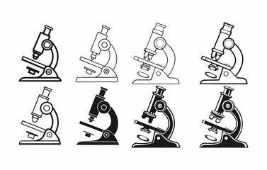 Six black and white microscope icons in various styles, including outline and solid fill, suitable for educational materials, scientific presentations, or website graphics.