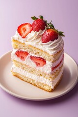 Delicious layers of strawberry shortcake served on a smooth plate against a muted lavender background
