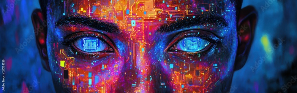 Aufkleber vibrant portrait of a man's face infused with digital patterns illuminating his intense gaze