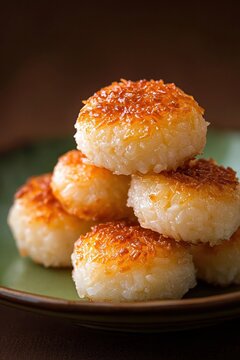 Enjoying delicious Kue Cubir, traditional Filipino rice and coconut cakes with a caramelized topping on a green plate