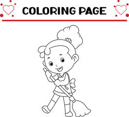 diligent girl is sweeping floor with broom coloring page for kids