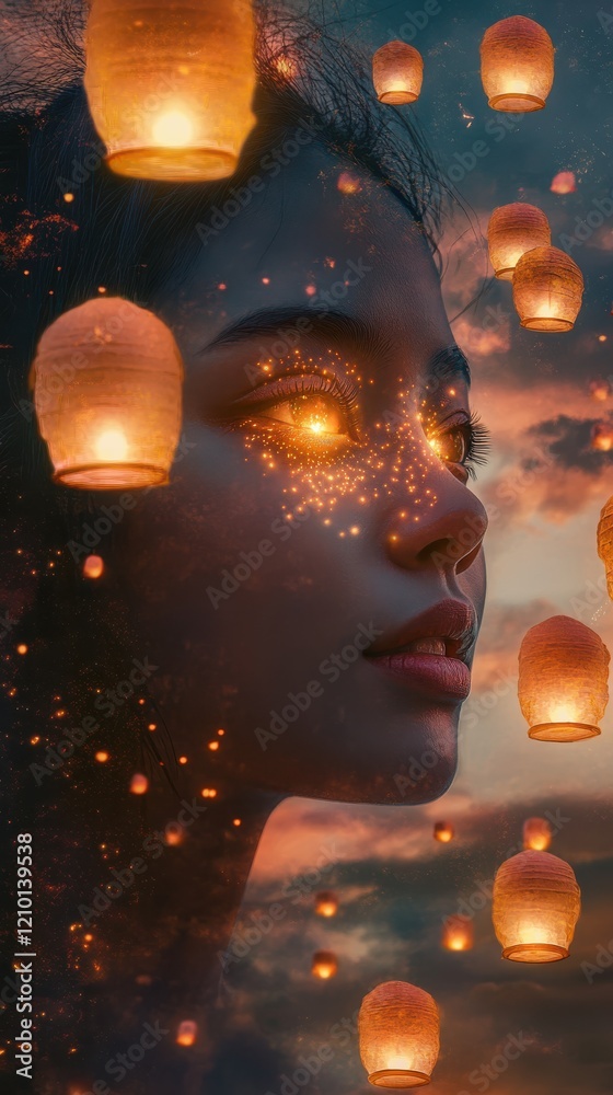 Aufkleber Surreal visualization of a woman's face illuminated by floating lanterns at twilight
