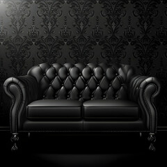 Obraz premium Black leather sofa against dark wallpaper with a decorative ornamental pattern, vector illustration.