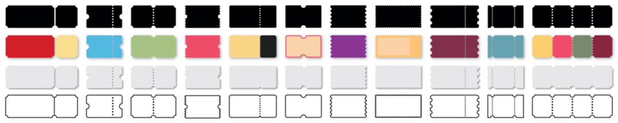 Tickets set. Flat, Realistic, Colors and Line icons. Vintage paper admit one and ticket samples. Tickets to cinema. Vector Illustration