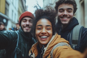 Cheerful college friends having fun after the lecture in city. Generative AI