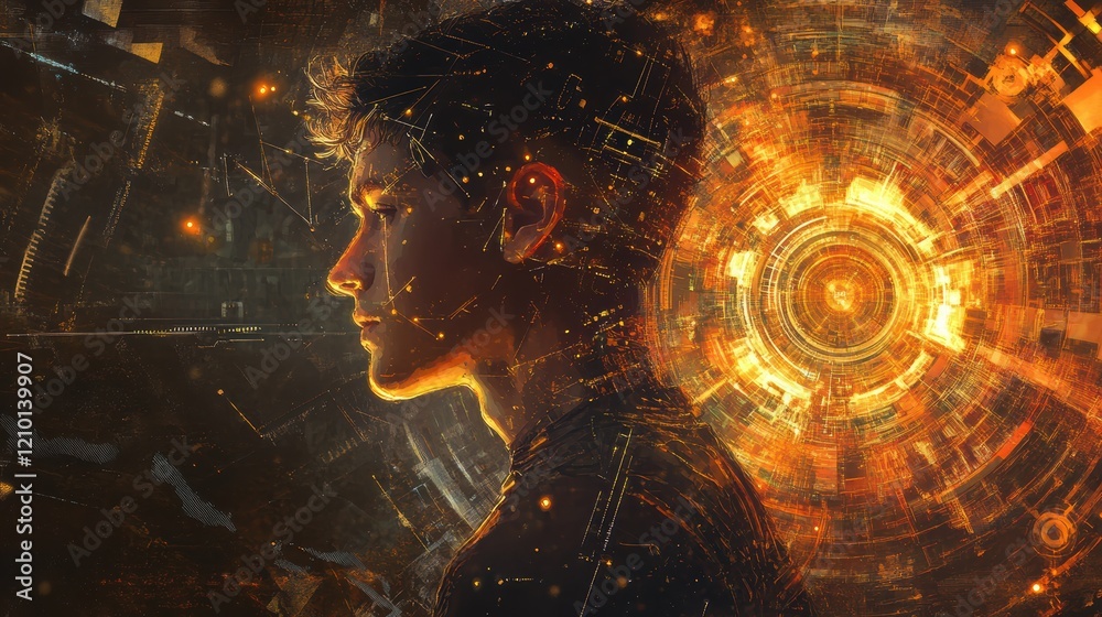 Poster Surreal depiction of a man glowing amidst a digital background filled with intricate patterns and bright colors