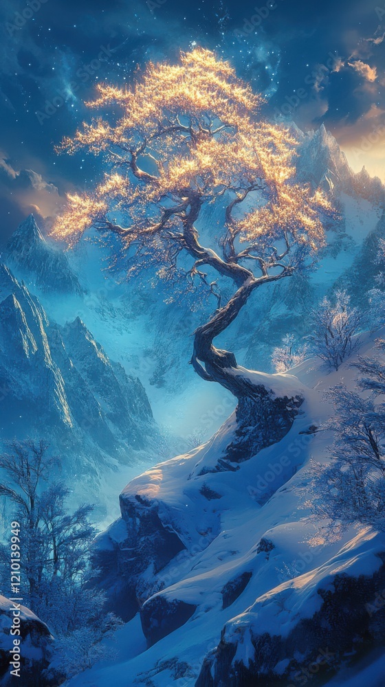 Aufkleber Surreal tree glowing in a winter landscape under a starlit sky with mountains in the background