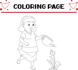 woman are watering flower coloring page for kids