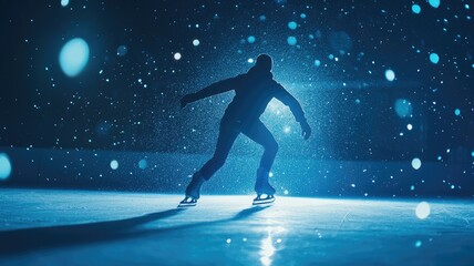 Fototapeta premium Ice skater performs at night, surrounded by falling snow in spotlight