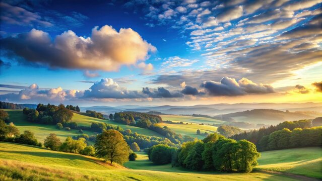 A serene blue sky with fluffy white clouds in the morning light, softly illuminating a landscape of rolling hills and trees , morning glow, cloudy morning