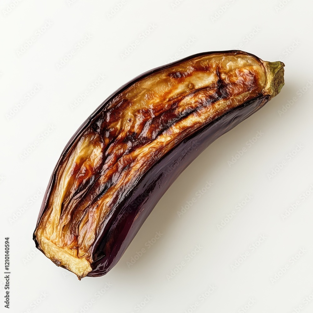 Poster roasted eggplant half displaying tender texture and rich color against a plain background