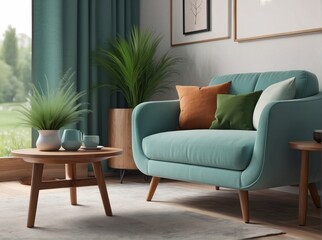 Cozy composition of living room interior with Cloudy Blue armchair, Brown pillow, Grass Green sideboard