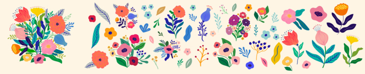 Beautiful romantic flower collection with roses, leaves, floral bouquets, flower compositions.	