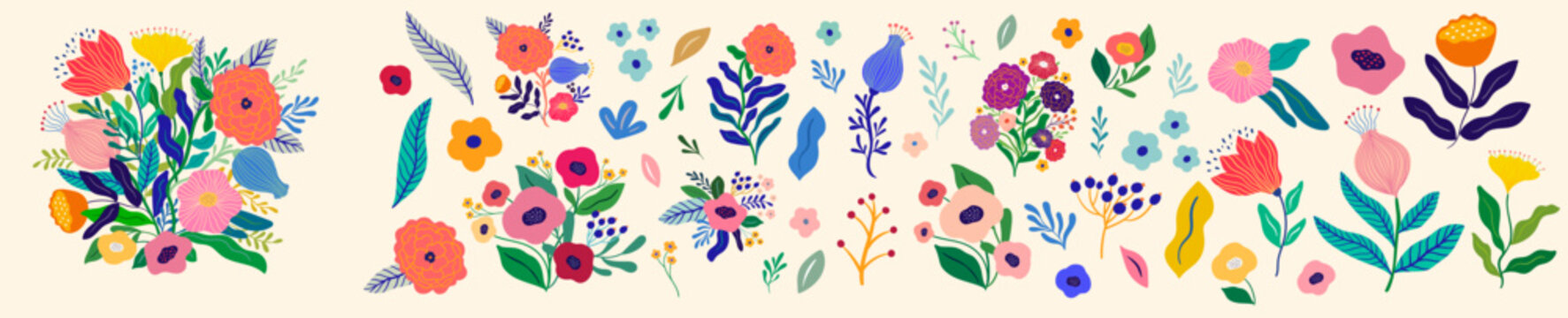Beautiful romantic flower collection with roses, leaves, floral bouquets, flower compositions.	