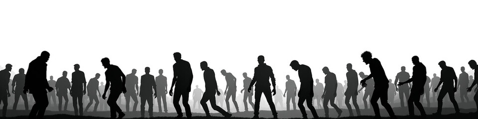 Obraz premium Dramatic silhouette of a crowd, representing a horde of figures in motion against a stark white background.