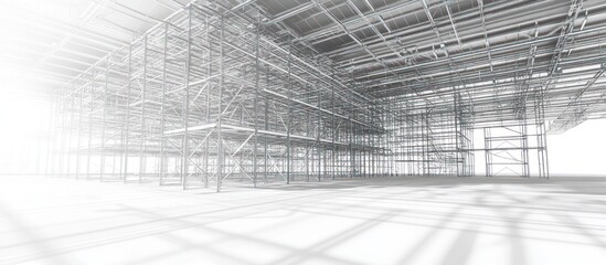 Warehouse blueprint interior rendering, sunlight, construction