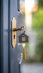 key with house shape keychain or ring hanging on door, relocation and mortgage loan concept, home ownership and moving