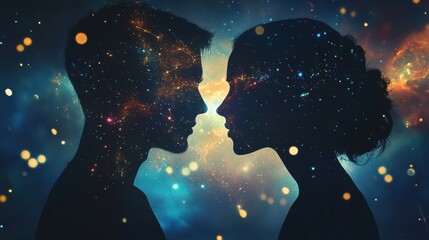Silhouettes of a couple gazing at each other under a starry night sky full of cosmic colors and light