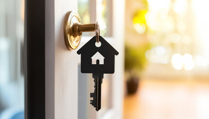 key with house shape keychain or ring hanging on door, relocation and mortgage loan concept, home ownership and moving