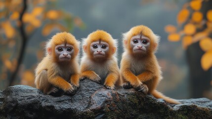 Three Golden Baby Monkeys Sitting on a Dark Rock with Autumn Leaves Background