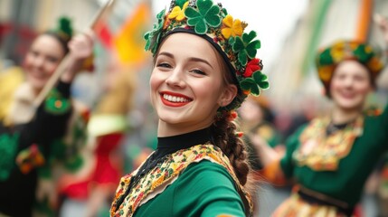 Fototapeta premium Cheerful woman celebrating cultural festival in traditional costume outdoors
