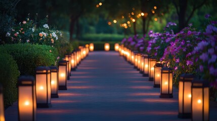 Festive lanterns illuminate a garden path adorned with blooming flowers during a tranquil evening celebration