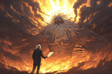 Fototapeta premium figure stands before powerful deity, illuminated by radiant light and surrounded by dark clouds. scene conveys sense of awe and confrontation
