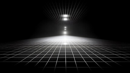 Grid Pathway to Light:  A futuristic, abstract image depicting a gridded pathway receding into the distance, illuminated by a series of bright lights, creating a sense of depth and mystery.