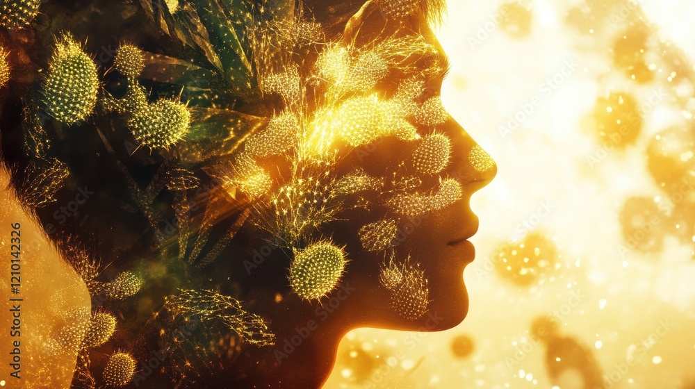 Poster Mystical profile of a man filled with vibrant floral patterns and golden hues in an ethereal setting